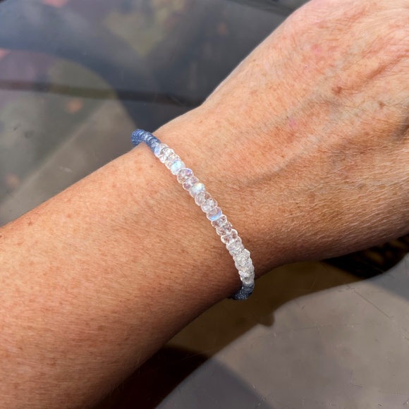 Solid 14K White Gold Natural Blue Sapphire, Moonstone Bracelet 7" - 7 2/3" - Picture 13 of 13